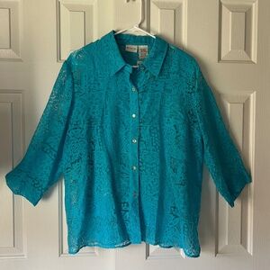 White Stag Women’s Long Sleeve Teal Blouse Button Up Shirt Sz XL Lace Sheer 2 PC